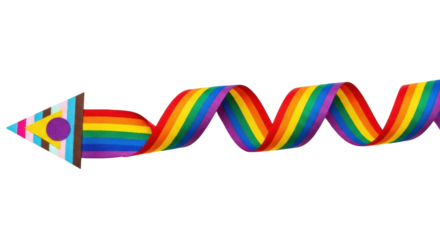 Isolated rainbow ribbon in a curly strip and arrow design, a symbol of LGBTQ equality and pride