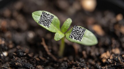 Small Green Plant With QR Codes on Leaves Growing in Dark Soil Under Bright Light Conditions