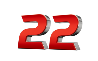 Metallic Red number 22 Twenty two with a glossy finish and reflective silver edges. 3d illustration