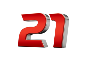 Metallic Red number 21 Twenty one with a glossy finish and reflective silver edges. 3d illustration