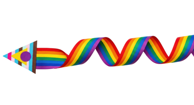 Isolated rainbow ribbon in a curly strip and arrow design, a symbol of LGBTQ equality and pride
