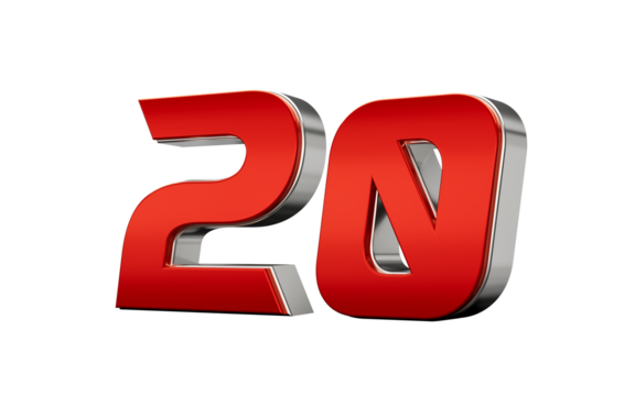 Metallic Red number 20 or Twenty with a glossy finish and reflective silver edges. 3d illustration