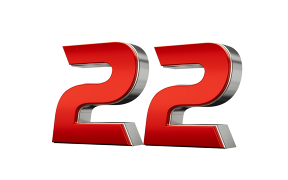 Metallic Red number 22 Twenty two with a glossy finish and reflective silver edges. 3d illustration