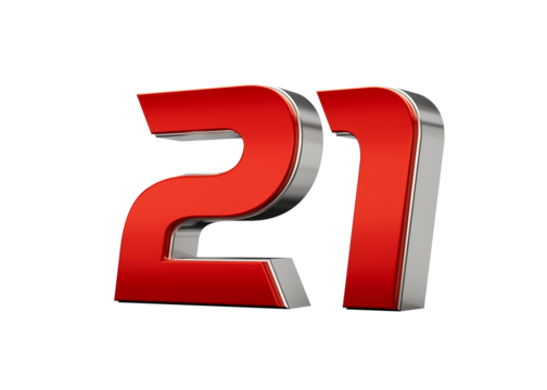 Metallic Red number 21 Twenty one with a glossy finish and reflective silver edges. 3d illustration - Powered by Adobe