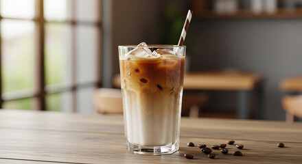Refreshing iced latte with coffee beans on a wooden table, capturing the perfect blend of coffee and milk, ideal for a cafe or coffee shop setting