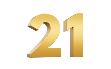 3D Golden number 21 Twenty one with a shiny metallic finish and sharp edges, 3d illustration