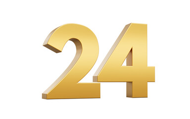 3D Golden number 24 Twenty four with a shiny metallic finish and sharp edges, 3d illustration
