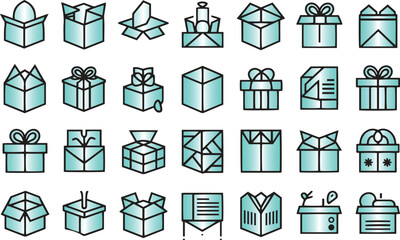 A grid of various turquoise gift box icons, each with unique designs like ribbons, bows, and lids, conveying a playful and festive mood.