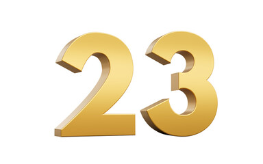 3D Golden number 23 Twenty three with a shiny metallic finish and sharp edges, 3d illustration