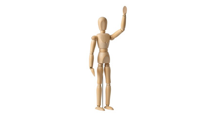 Isolated Wooden mannequin figure with raised arm, artist model stand, human anatomy model