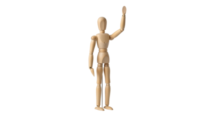 Isolated Wooden mannequin figure with raised arm, artist model stand, human anatomy model
