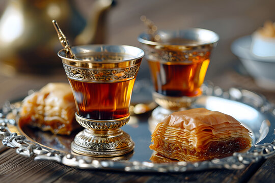 Elegant turkish tea set with golden trimmings and delightful baklava on ornate tray