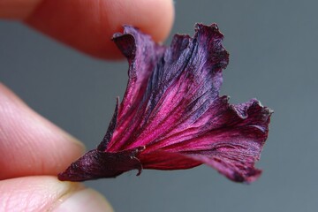 Macro close-up of dried hibiscus petal fragment held between fingers on neutral background