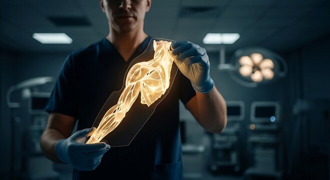 Surgeon in Operating Room Analyzing Futuristic Holographic Display of Human Shoulder and Arm Anatomy. Advanced Medical Technology and Digital Healthcare Concept.