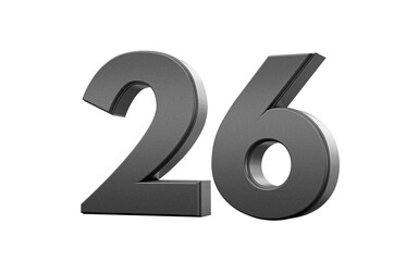 Sleek. metallic Black number 26 Twenty six with a glossy surface. 3d illustration