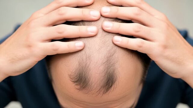 Close up of a mans head showing hair loss, a common condition that affects men as they age