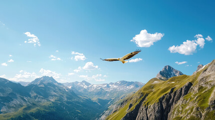 Fototapeta premium Majestic eagle soars above stunning mountain landscape, showcasing freedom and grace under bright blue sky with fluffy clouds