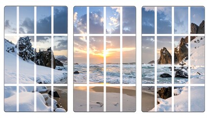 Triptych of a snowy coastal landscape with grid overlay at sunrise