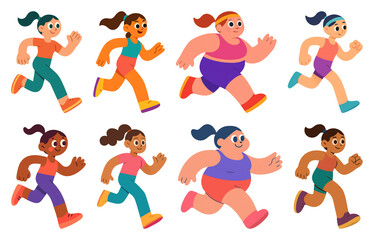 Naklejka premium PNG Colorful cartoon characters running, element set on transparent background