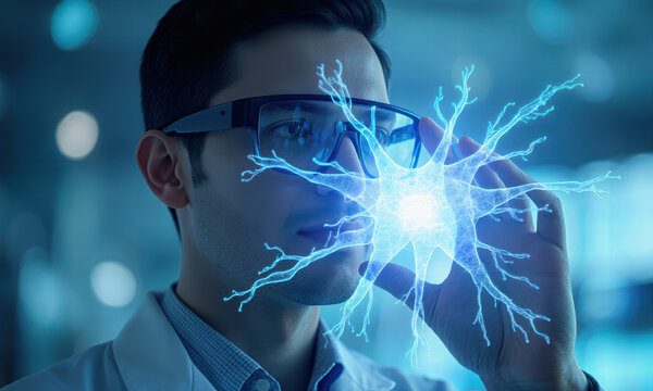 Scientist Interacts with Glowing Neuron Model in Futuristic Lab