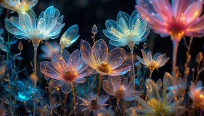 A close-up of colorful transparent luminescent abstract plants, shot with surgical precision and in a dreamlike manner in the void, looks like a fragment of a botanical archive from the future.