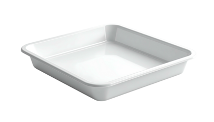 A white, square, empty tray with rounded corners, glossy on a dark background