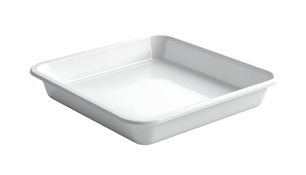A white, square, empty tray with rounded corners, glossy on a dark background
