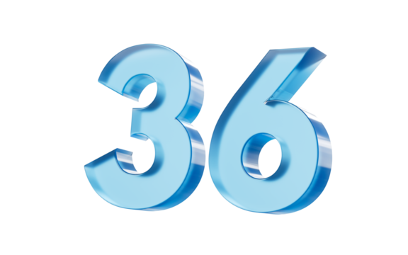 3d Glossy Blue number 36 Thirty six with a smooth finish and reflective highlights. 3d illustration