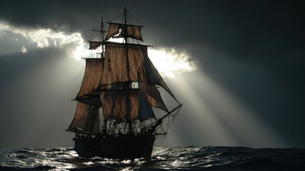 Fototapeta premium Historic sailing ship in stormy seas, sunbeams