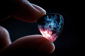 Macro close-up of translucent guitar pick held between fingers illuminated by light