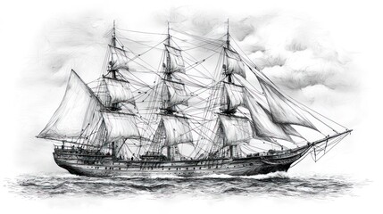 Charcoal drawing of a tall sailing ship with billowing sails on the ocean