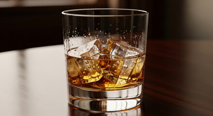 A glass of whiskey on the rocks, capturing the amber hues and refreshing chill of the drink, set on a dark wooden table