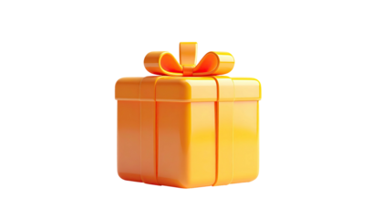 3D rendered, bright orange, square gift box with an elaborate bow on top
