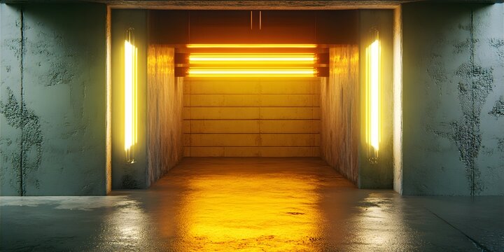 Glowing Neon Lights in Industrial Concrete Corridor