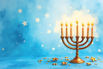 Hanukkah Menorah Vector Background with Glowing Candles and Star of David Lights