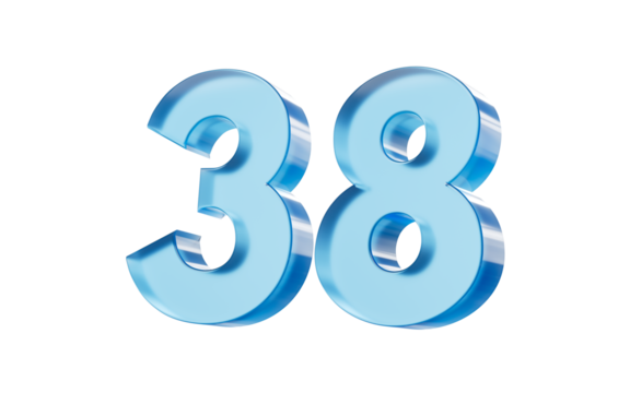 3d Glossy Blue number 38 with a smooth finish and reflective highlights. 3d illustration