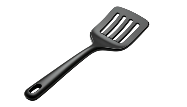 Isolated overhead view of a black slotted spatula, kitchen utensil on dark background