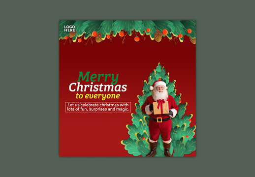 Merry Christmas Social Media Post with Santa Claus Carrying Gift Bag and Xmas Tree on Red Background, Editable Design.
