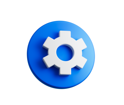 3D Settings gear icon on blue circle, symbolizing configuration options. 3D illustration