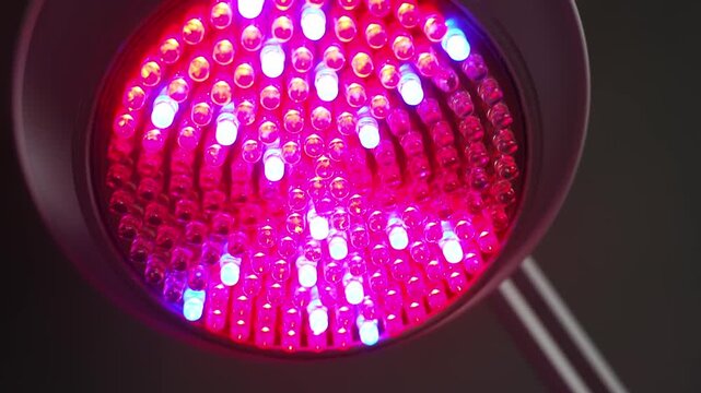 Close up of bright pink led grow light in indoor environment