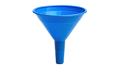 A bright blue plastic funnel, isolated against a transparent background
