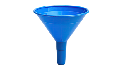 A bright blue plastic funnel, isolated against a transparent background