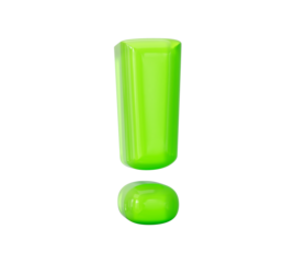 Vibrant green jelly exclamation mark symbolizing attention, warning, and ideas. 3D illustration