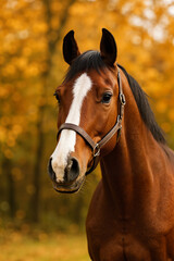 Obraz premium Close-up portrait of a bay horse with white blaze wearing leather halter, standing outdoors in autumn forest, warm golden bokeh background, elegant equine headshot for ranch, farm, countryside, riding