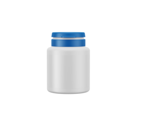 Empty white plastic supplement bottle with a blue safety cap., 3d illustration