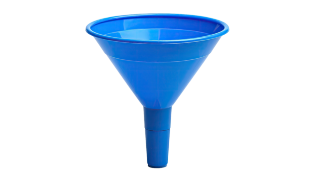 A bright blue plastic funnel, isolated against a transparent background