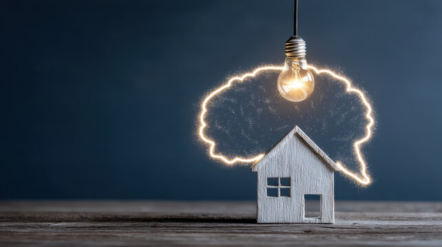 Smart home innovation electricity light bulb brain energy idea technology automation concept Modern smart home scene with hanging light bulb forming glowing brain outline above wooden house - Powered by Adobe