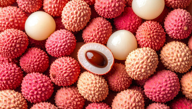 Fresh lychees arranged close together showing textured skin and juicy flesh