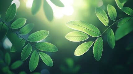 Obraz premium Close-up of green leaves backlit by sunlight, soft focus bokeh background