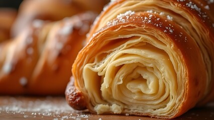 Fototapeta premium Delicious Golden Croissant Pastry Closeup Photo